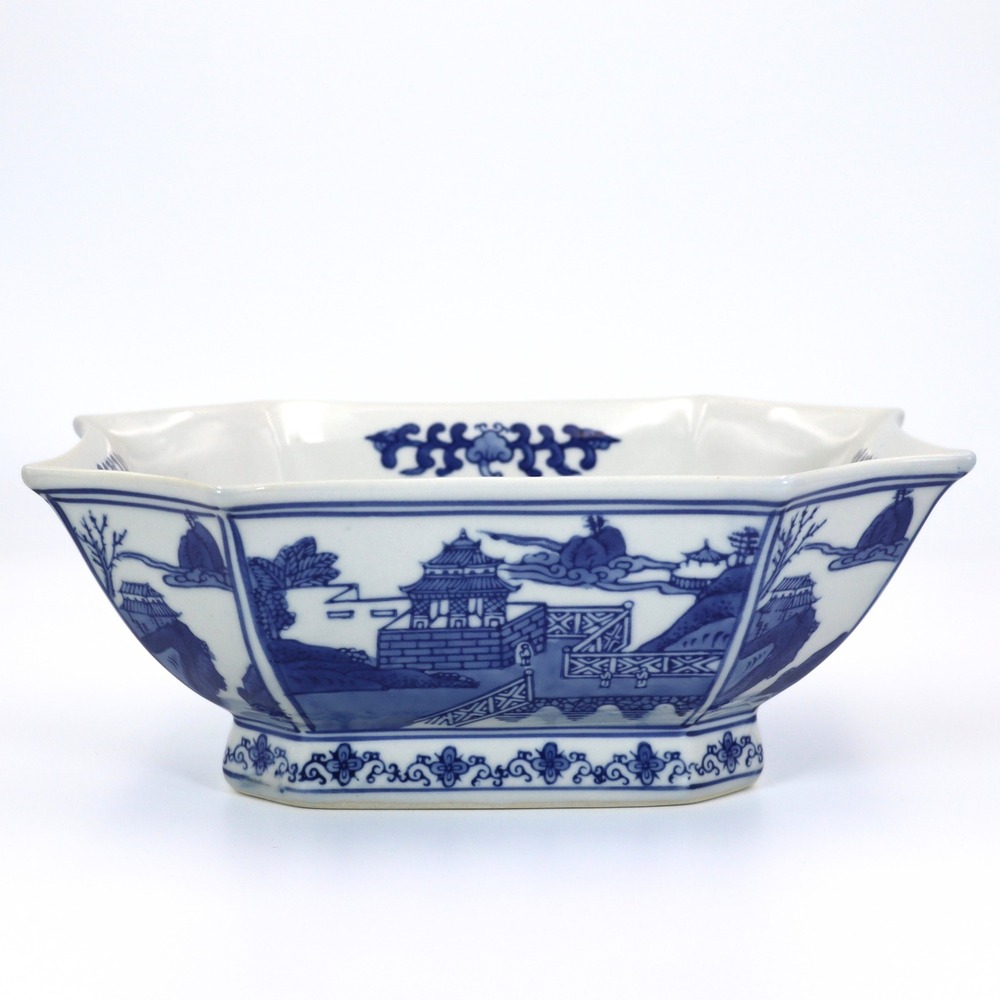 Vtg Blue White Canton Porcelain Footed Bowl Octagonal Fluted Pagoda Landscape